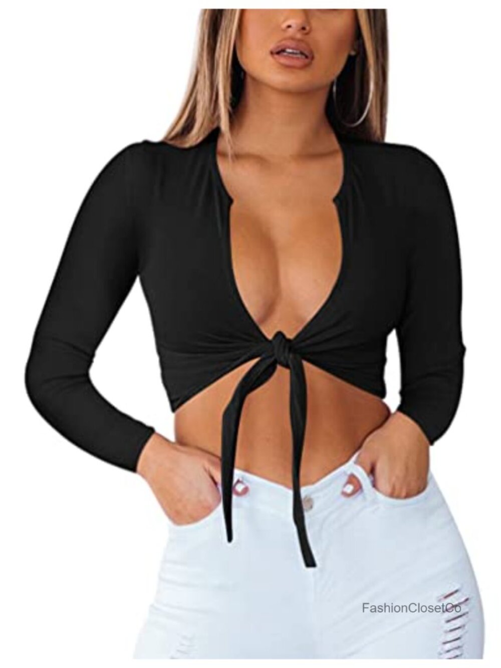 Sexy Deep V Neck Tie Front Long Sleeve Crop Top Slim Fit Clubwear